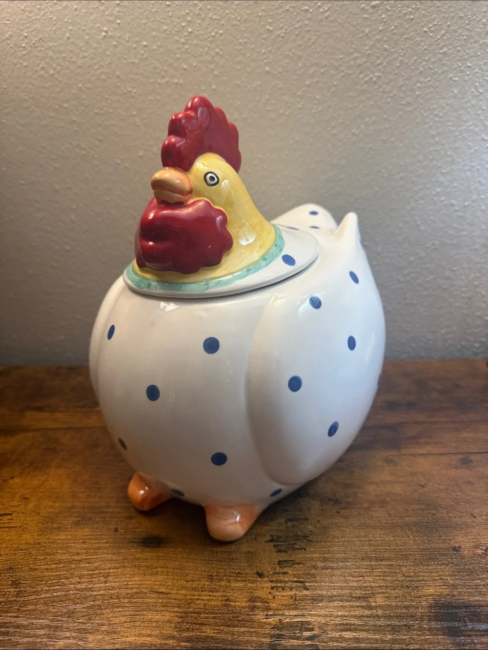 Coco Dowley Ceramic Chicken Cookie Jar Canister Blue Polka dots Kitchen Storage